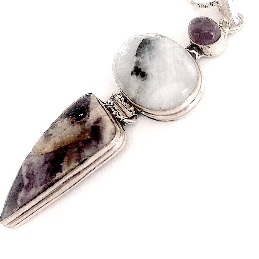 2 inch, Fluorite, Rainbow Moonstone, Amethyst pendant on a silver chain. - Picture 3 of 5